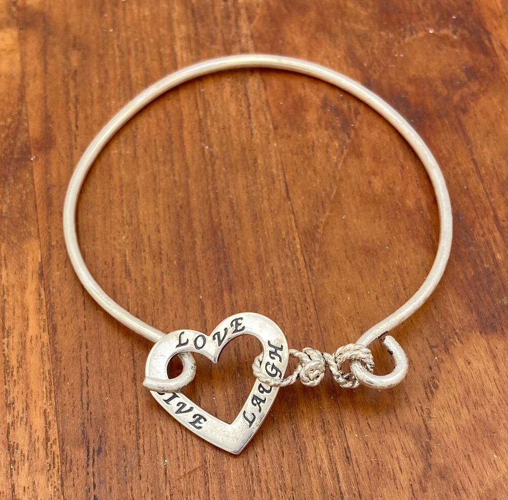 Vintage Sterling Silver Heart Hook Bangle Bracelet 925 Live Love Laugh 7.5"